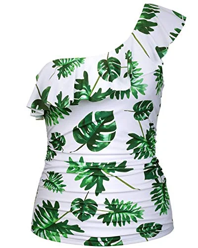 Push Up One-Shoulder Tankini Tops Ruched Tummy Control Swimsuit Tops-White Leaf