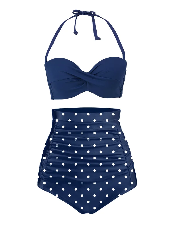 Blue 1950s Halter Polka Dots Swimsuit