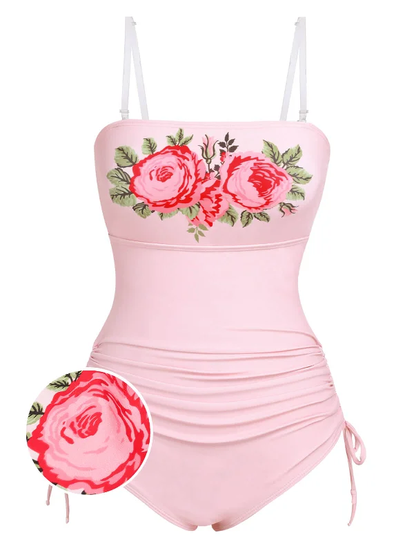 Pink 1940s Rose Strap One-piece Swimsuit