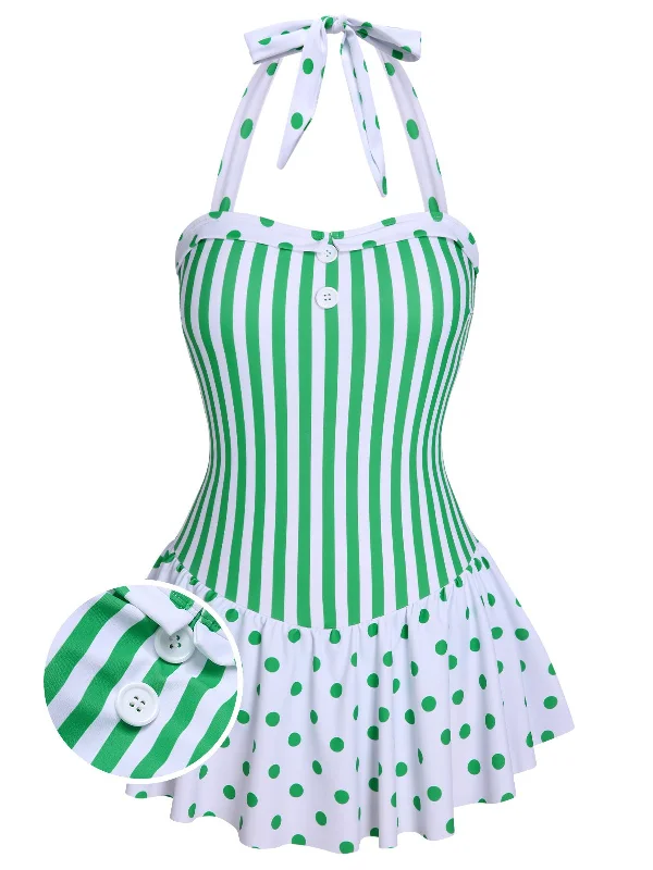 Green 1940s Polka Dots Stripes Halter Swimsuit