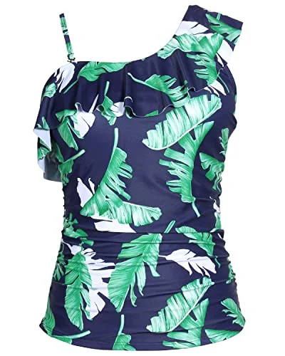 Form Fitting Ruched One Shoulder Tankini Top Strapless Neckline-Blue Leaf