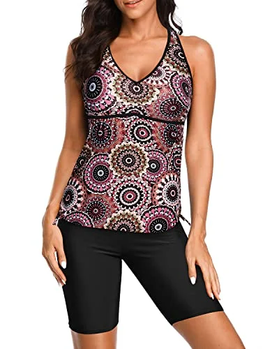 Two Piece V-Neck Racerback Tankini Swimsuit Shorts For Women-Brown Print