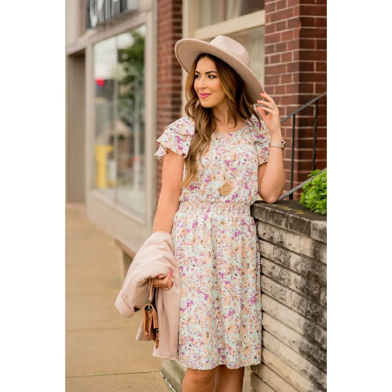 Watercolor Floral Flutter Sleeve Dress