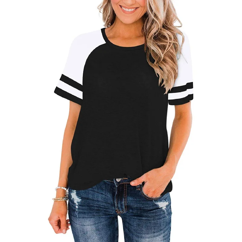 Womens Short Sleeve Shirts Crew Neck Color Block