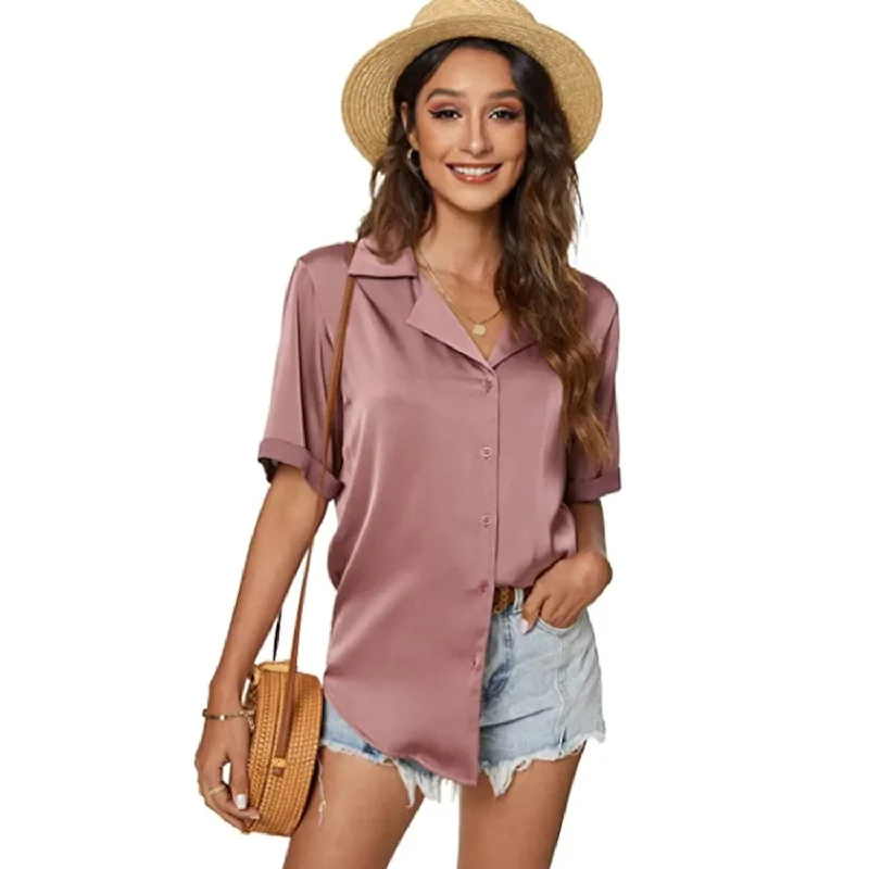 Women's Short Sleeve Casual Satin Button Down Shirt