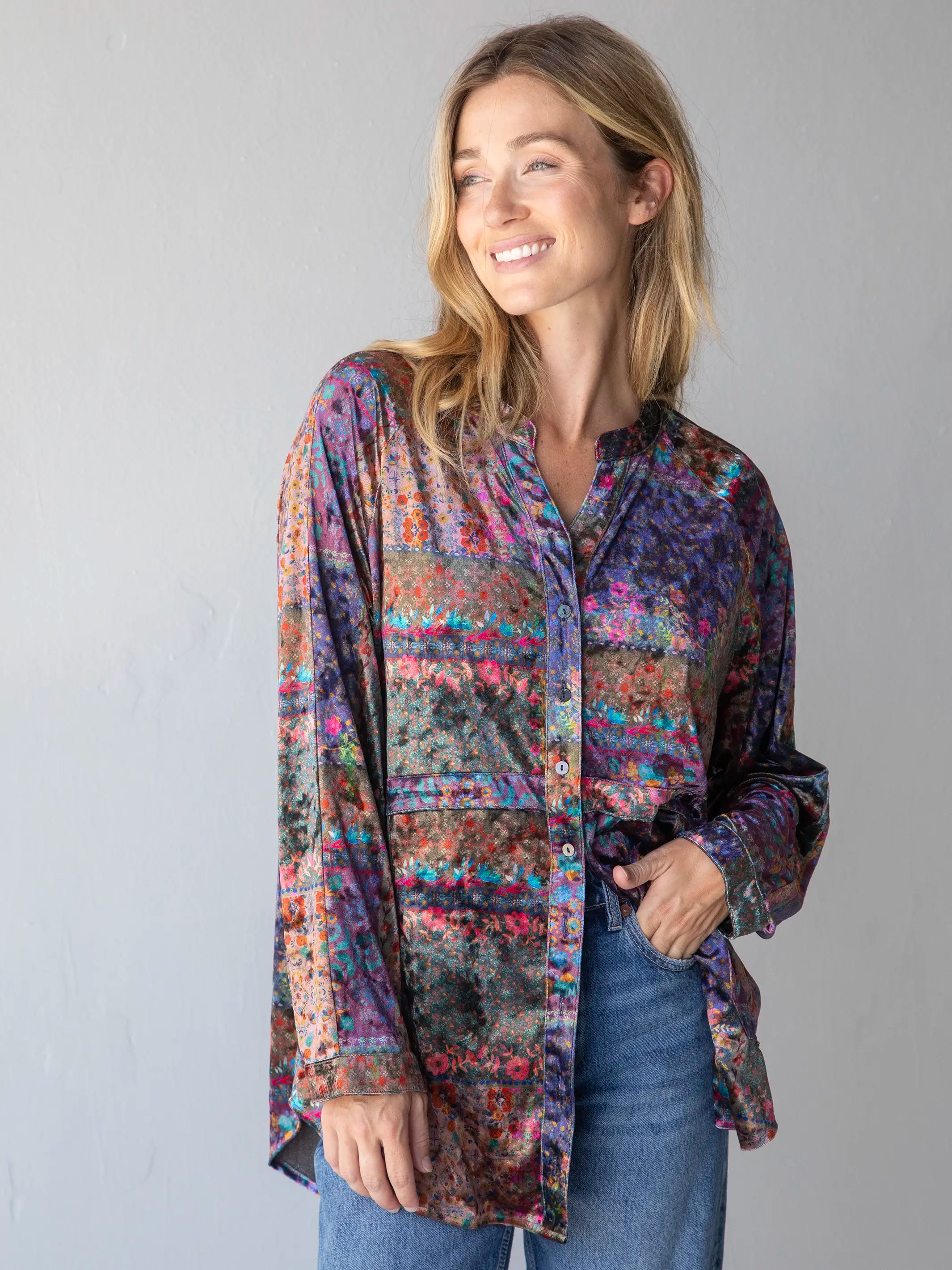 Laid Back Velvet Button Down - Vintage Patchwork