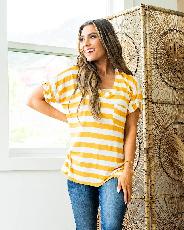 Jenna Stripe Boyfriend V Neck Top - Mustard