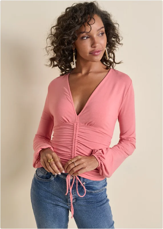 Ruched V-Neck Top - Coral