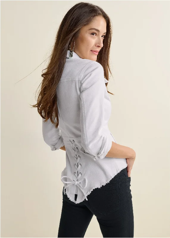 Lace-Up Back Denim Top - White Denim