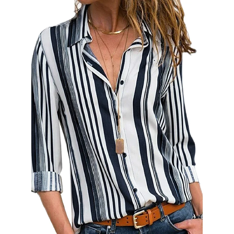 Womens V Neck Striped Roll up Sleeve Button Down Blouses Top