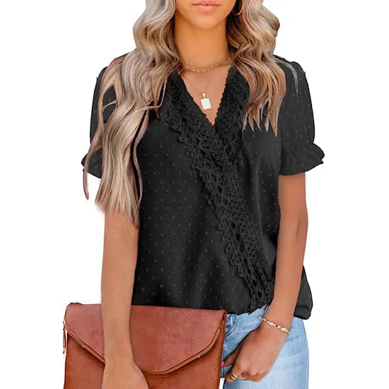 Women's Casual Lace Pom Pom V Neck Chiffon Short Sleeve Top