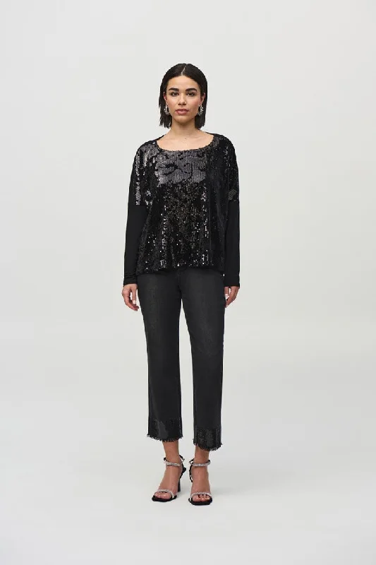 Joseph Ribkoff Black Sequined Velvet Boxy Top