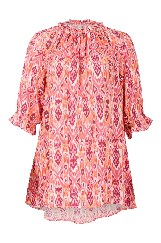 Printed Tunic with shirred neck | Pink Orange Aztec | 3322AR