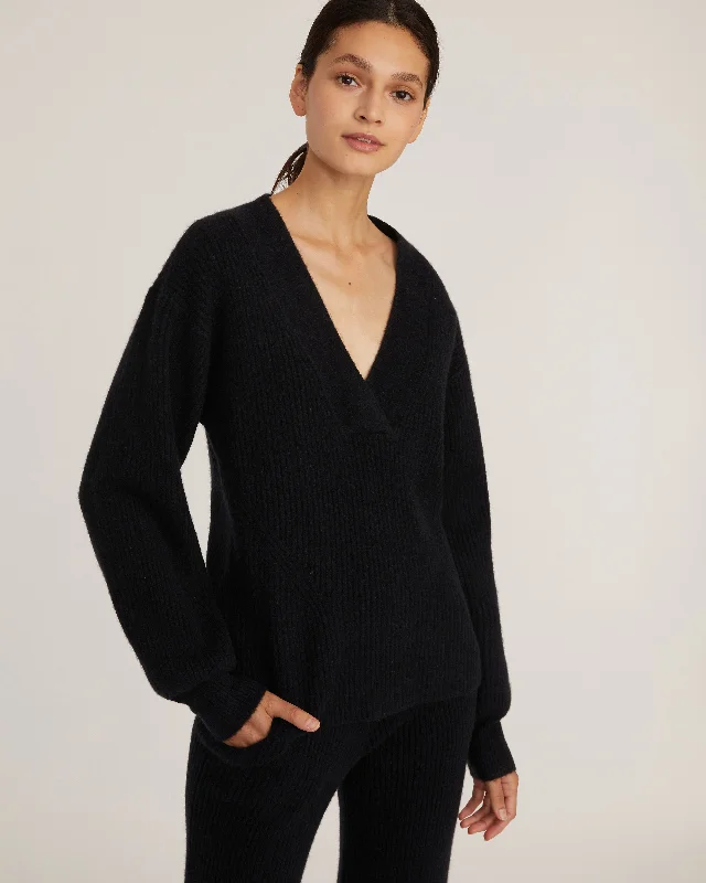 Fritz Ribbed Cashmere Blend V Neck Sweater in Black