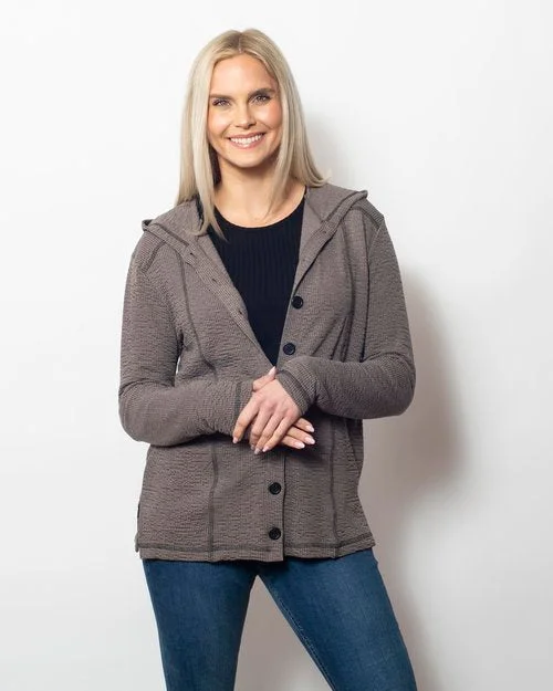 Snoskins Seersucker Jaquard Knit Hoodie with button front and side slits Contrast thread 66618-24F