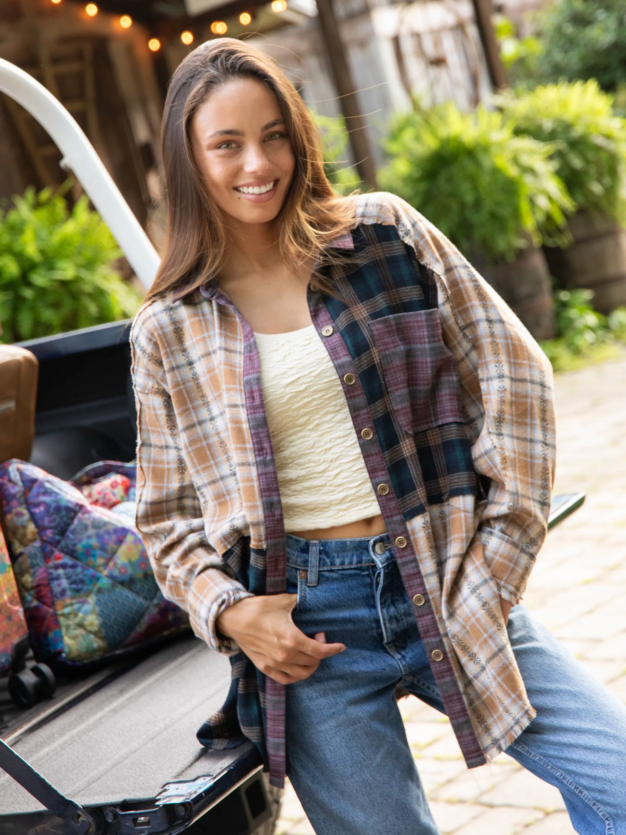 Elliott Oversized Mixed Flannel Shirt - Tan Navy Mixed Plaid