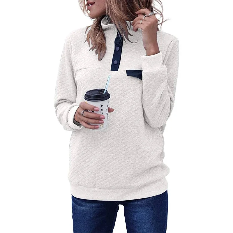 Women's Long Sleeve V Neck Button Quilted Patchwork Pullover Sweatshirt Tops