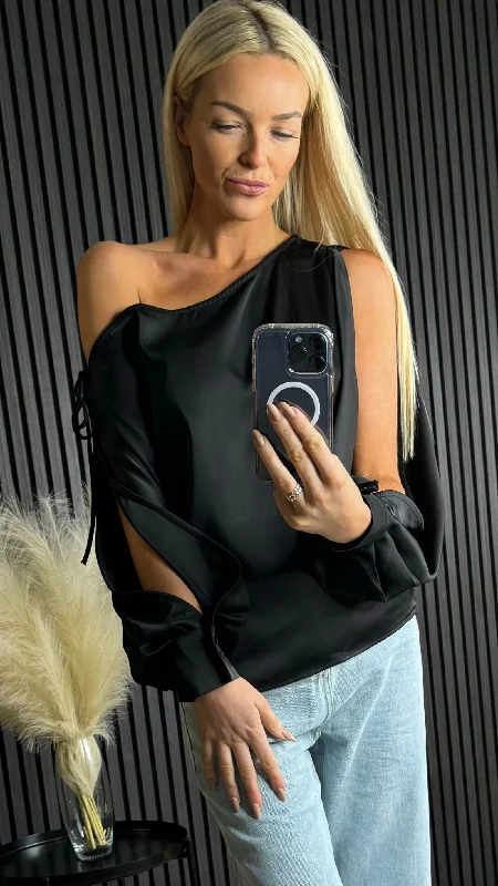 Billie Black Asymmetric Long Sleeve Top