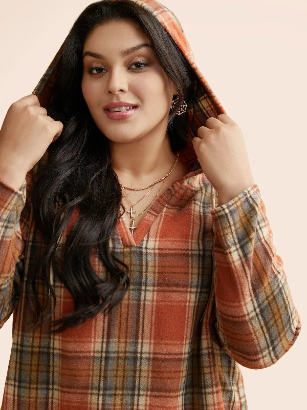 Brushed Fabric Plaid Hooded Sweatshirt