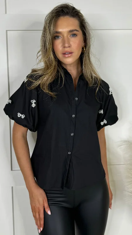 Annabelle Black Puff Sleeve Bow Embellished Shirt