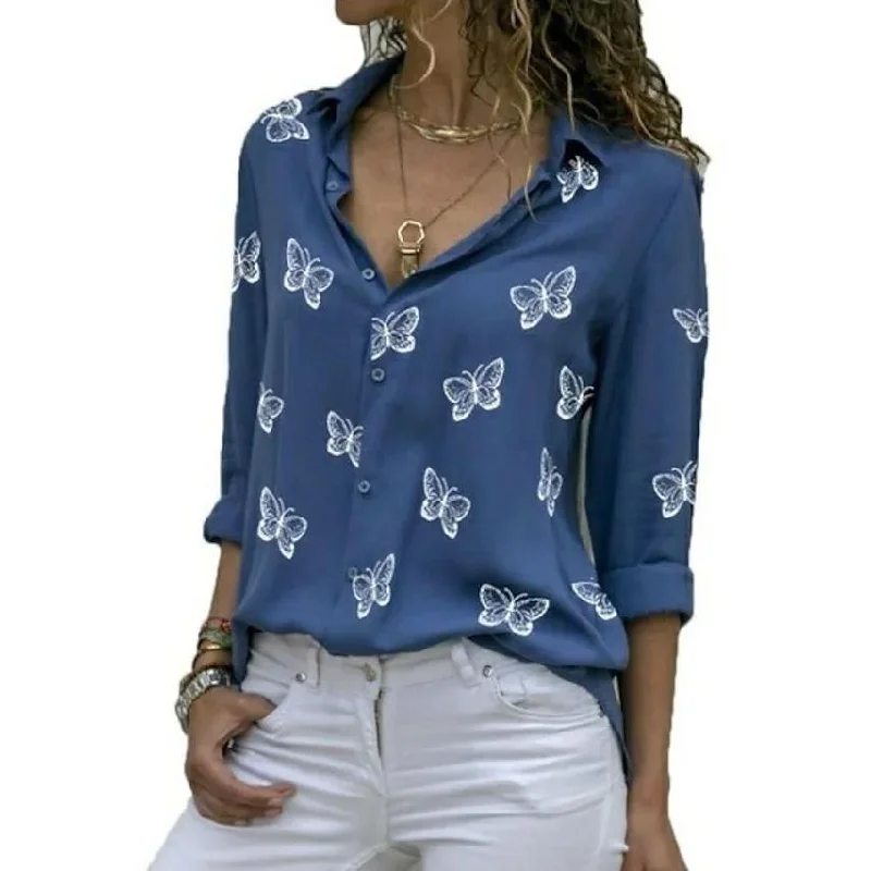 Women's Butterfly Long Sleeve Print Shirt Collar Basic Tops