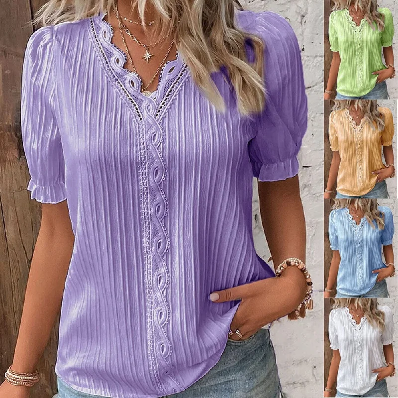 Women's Shirt Blouse Plain Lace Short Sleeve Casual Basic V Neck