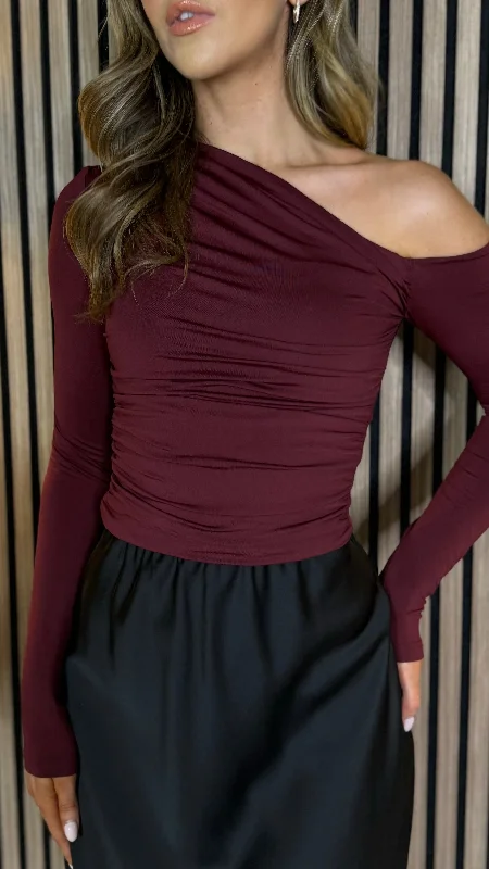 Sloane Burgundy Ruched One Shoulder Top