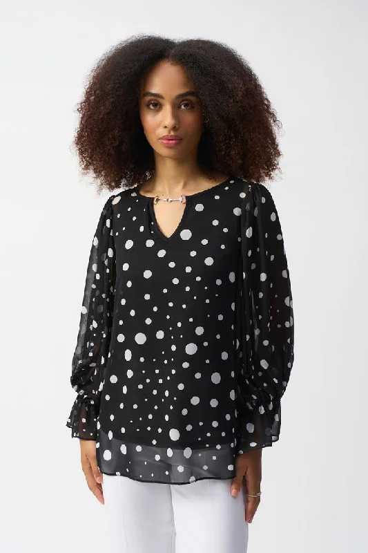 Joseph Ribkoff Black/Vanilla Chiffon Dot Print Boxy Top