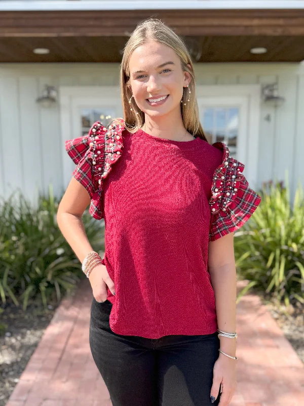 The Elloise Plaid Pearl Top-Garnet