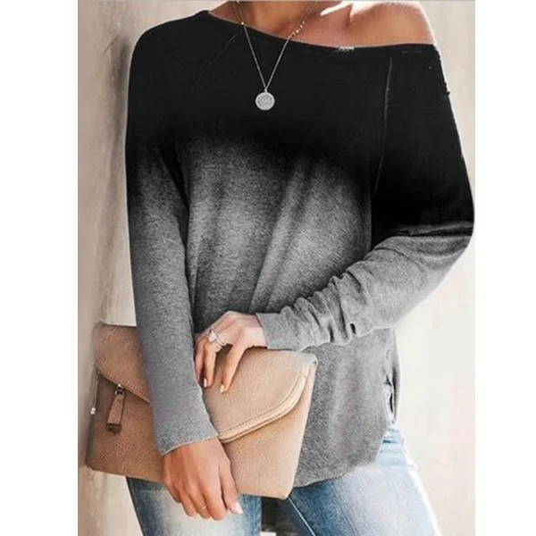 Womens Gradient Color O-neck Long Sleeves