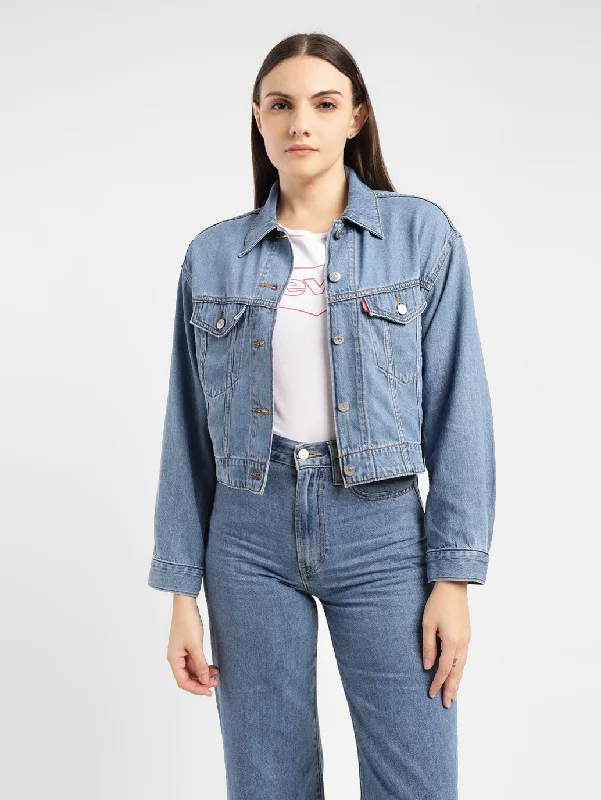 Women's Solid Indigo Spread Collar Trucker Jacket