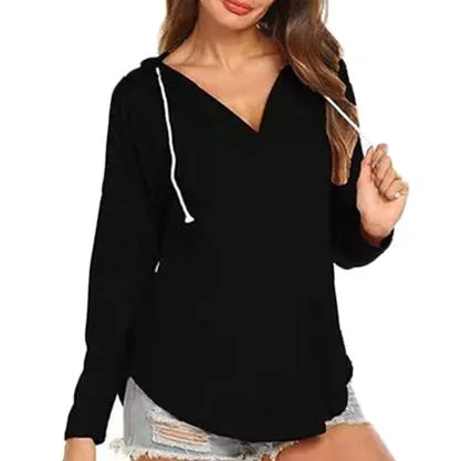 Women Modern Deep V Neck Solid Drawstring Loose Sweatshirt Basic Tunic