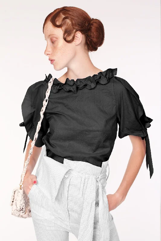 Frilly Neck Squarish Sleeves Wrinkled Cotton Top/ Black