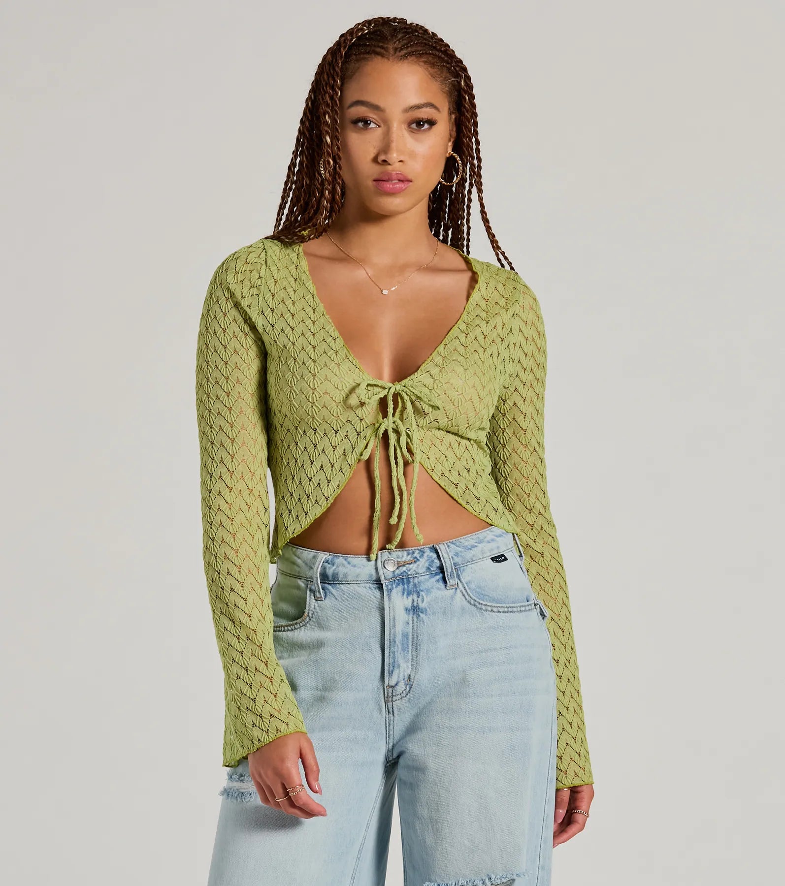 Cabana Honey Tie Front Crochet Crop Sweater