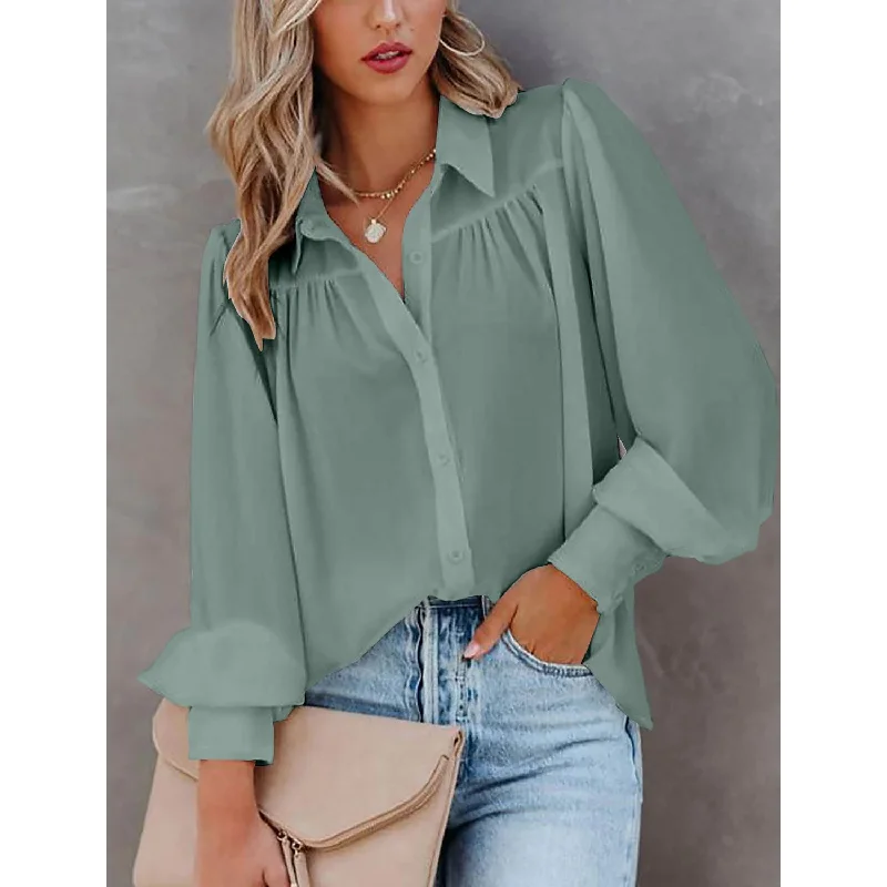 Womens Blouse Shirt Plain Button Long Sleeve