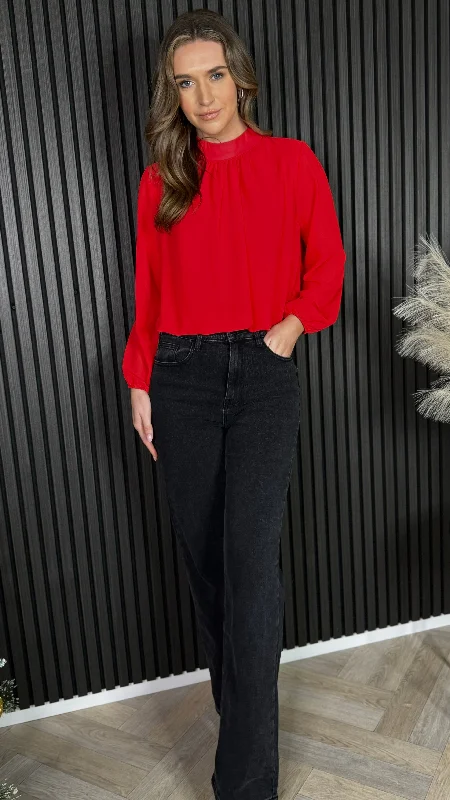 Viola Red High Neck Long Sleeve Top