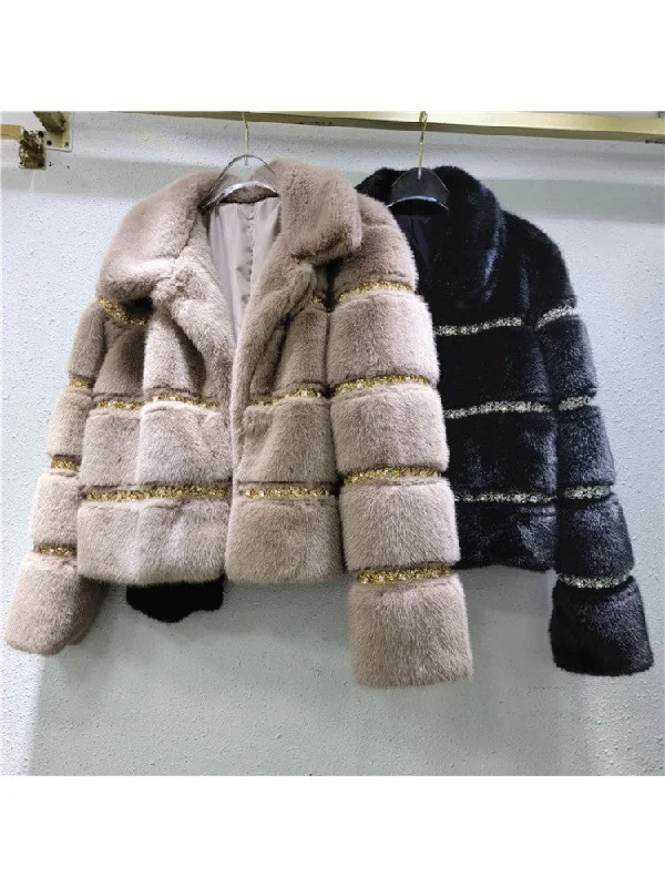 Fashion Stripe Patch Patchwork Fluff Winter Coats