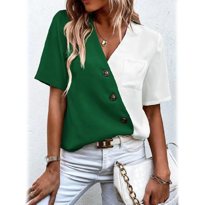 Women's Pocket Button V-Neck Short Sleeve Shirt