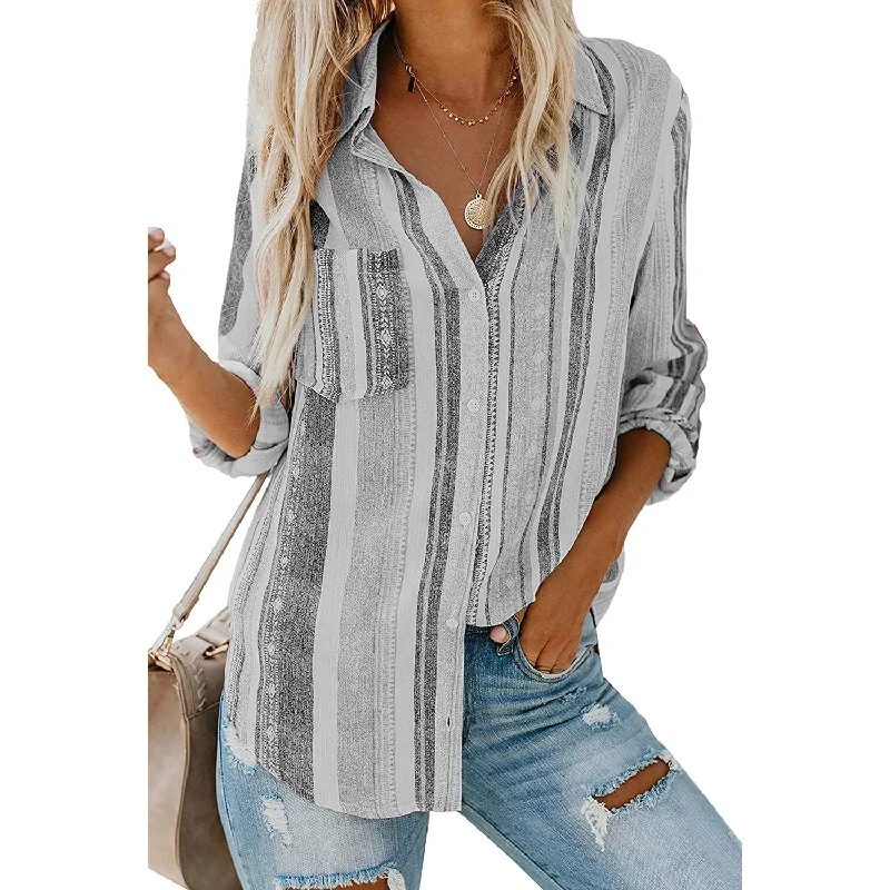 Women's V-Neck Striped Roll-Up Cuff Shirt