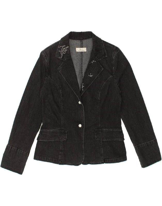 VINTAGE Womens Graphic Denim Blazer Jacket UK 16 Large Black Cotton