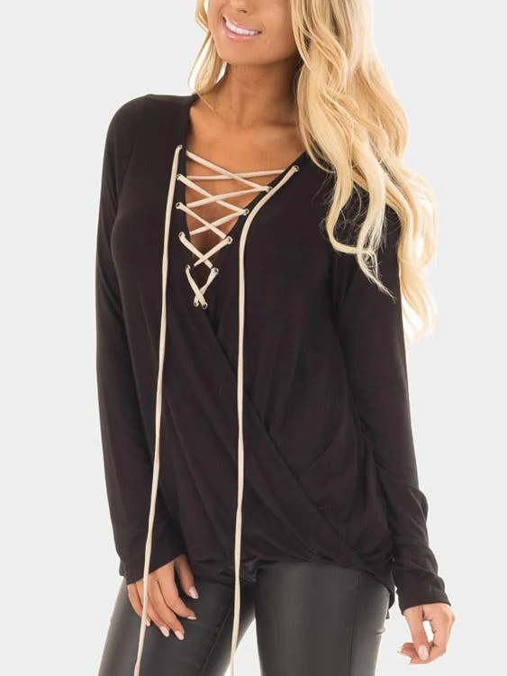 Custom V-Neck Plain Crossed Front Lace-Up Long Sleeve Black Top