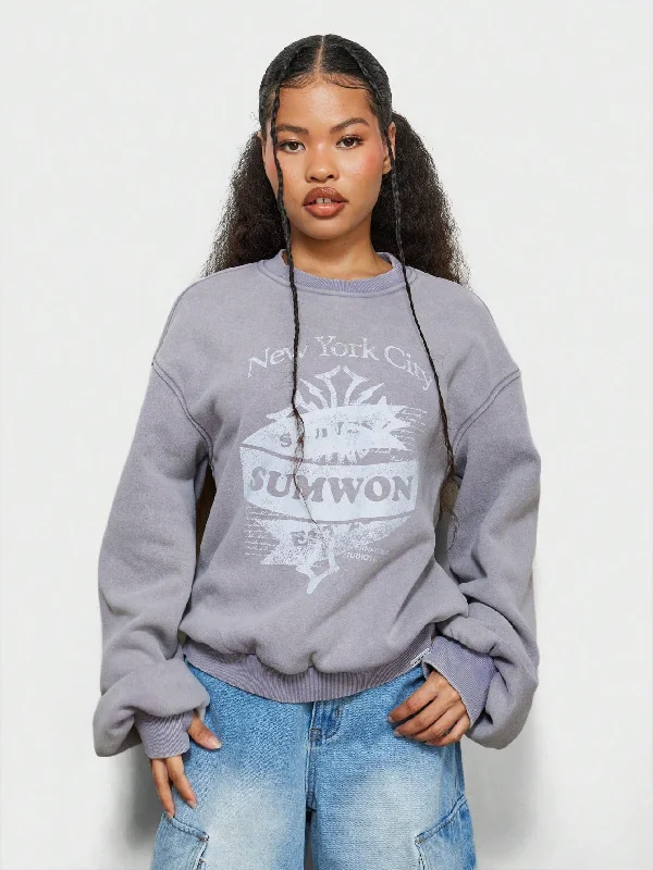 SUMWON WOMEN Washed Crew Neck Sweatshirt With Front Graphic Print & Thumb Holes Detail