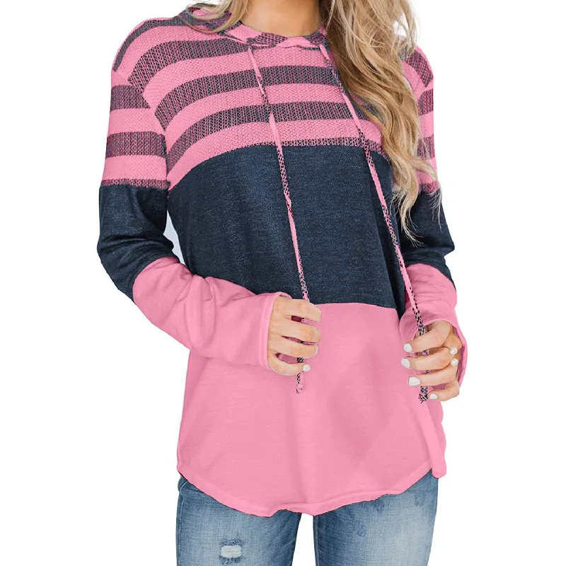 Actloe Women Long Sleeve Striped Color Block Casual Hoodies