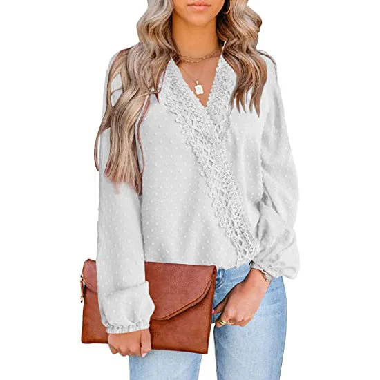 Women's V Neck Chiffon Lace Pom Pom Long Sleeve Top