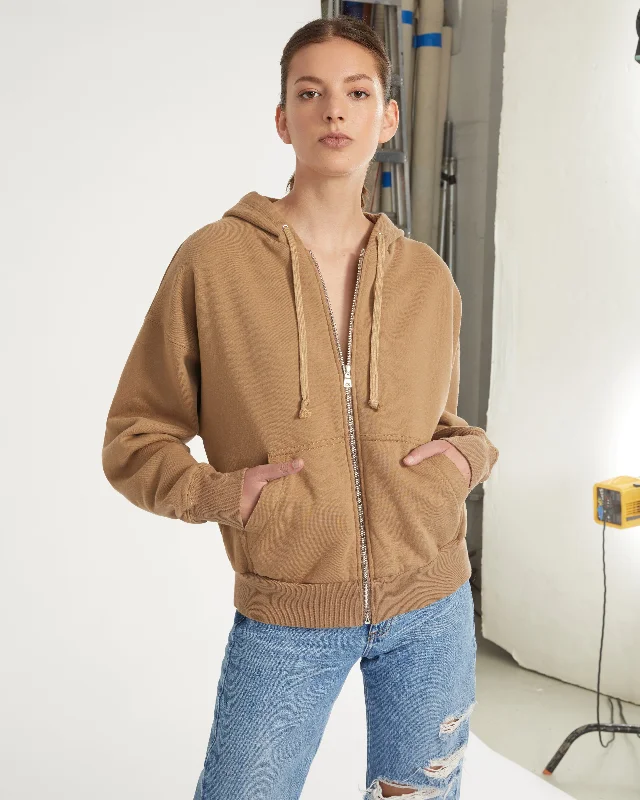 Finley Plush Drop Shoulder Zip Front Hoodie in Light Mocha