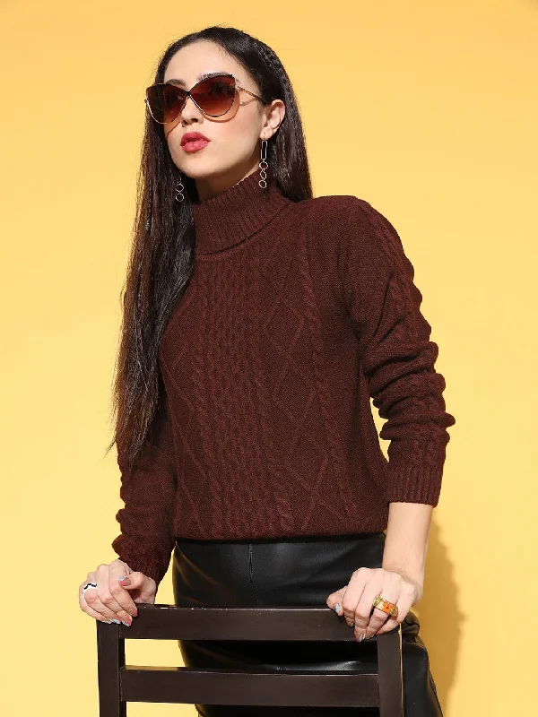 Berrylush Women Maroon Quirky Pattern Turtle Neck Acrylic Straight Hem Regular Pullover