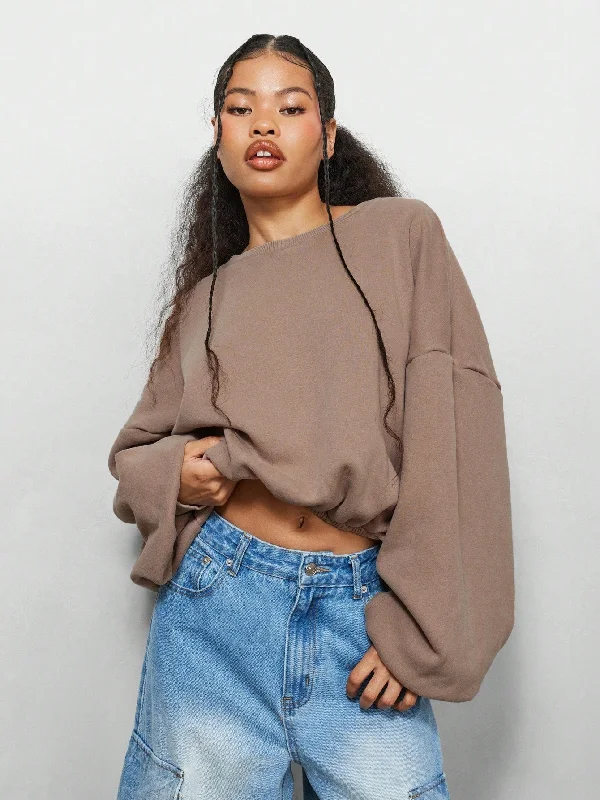 SUMWON WOMEN Washed Cropped Drop Shoulder Bubble Hem Sweatshirt