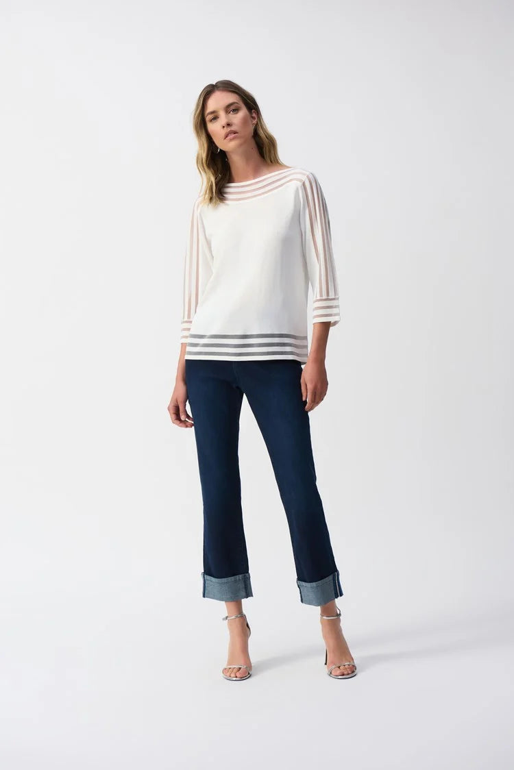 Joseph Ribkoff Vanilla Sweater Knit Pullover with Mesh Stripe Detail